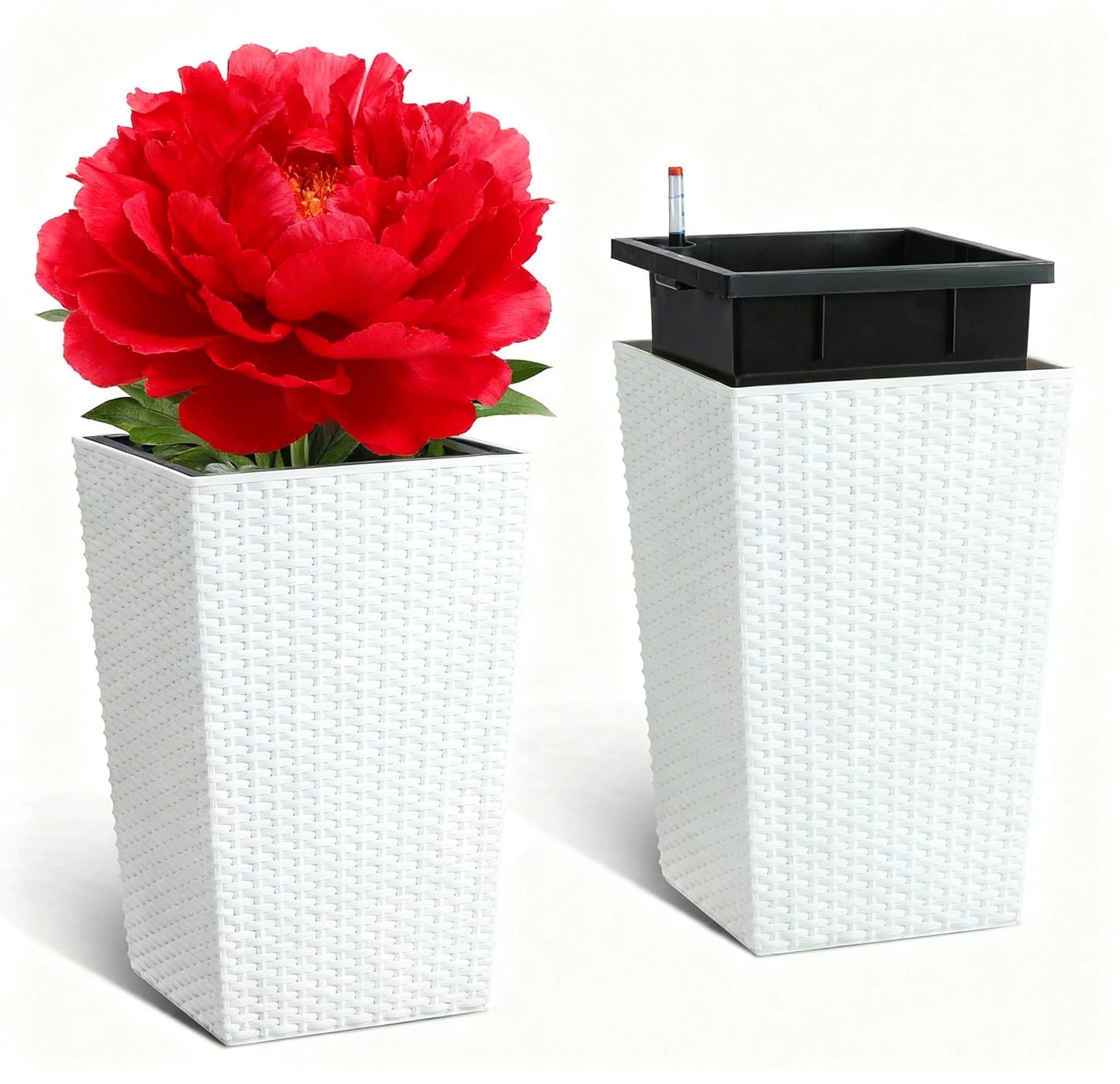 Garvee 15.6" Tall Planter Pots Set of 2, Rattan style, Tray & Water Level Monitor