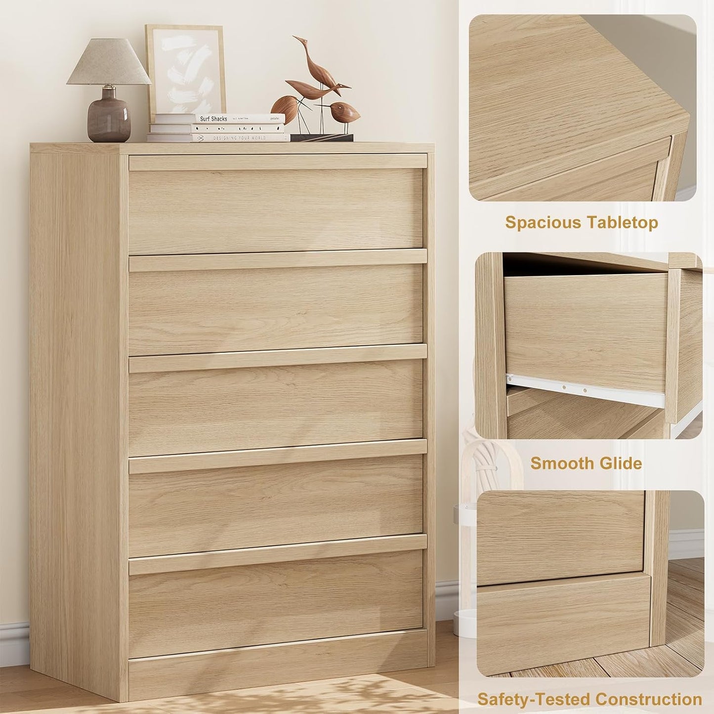 Garvee Vertical Chest of Drawers with 5 Drawers, 29.5 x 15.9 x 43.3"