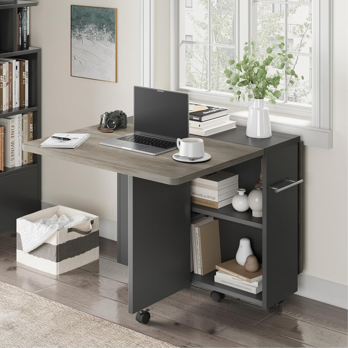 Garvee 47.2" Folding Dining Table, Folding and Expandable, 6 Wheels & 2 Storage Shelf