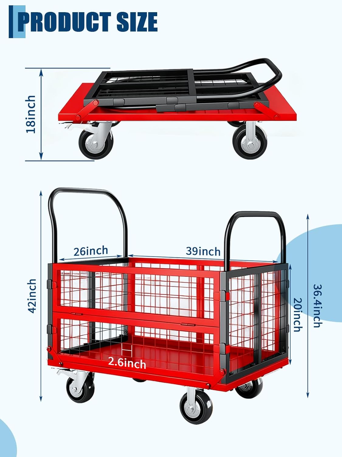Garvee Foldable Platform Truck Cart, 39 x 26 x 42", with Cage Platform Truck,1800 lbs Max
