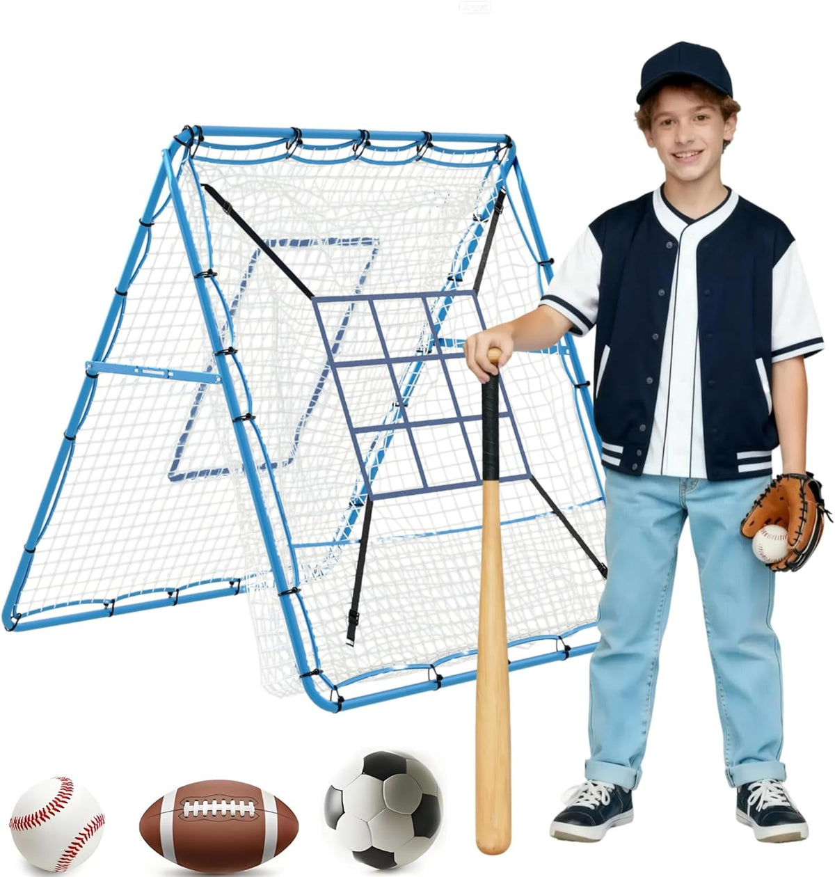 Riedhoff Baseball Pitching Rebounder Net, 5 x 4 ft, 9 Hole Batting Target, Adjustable Angle, Blue