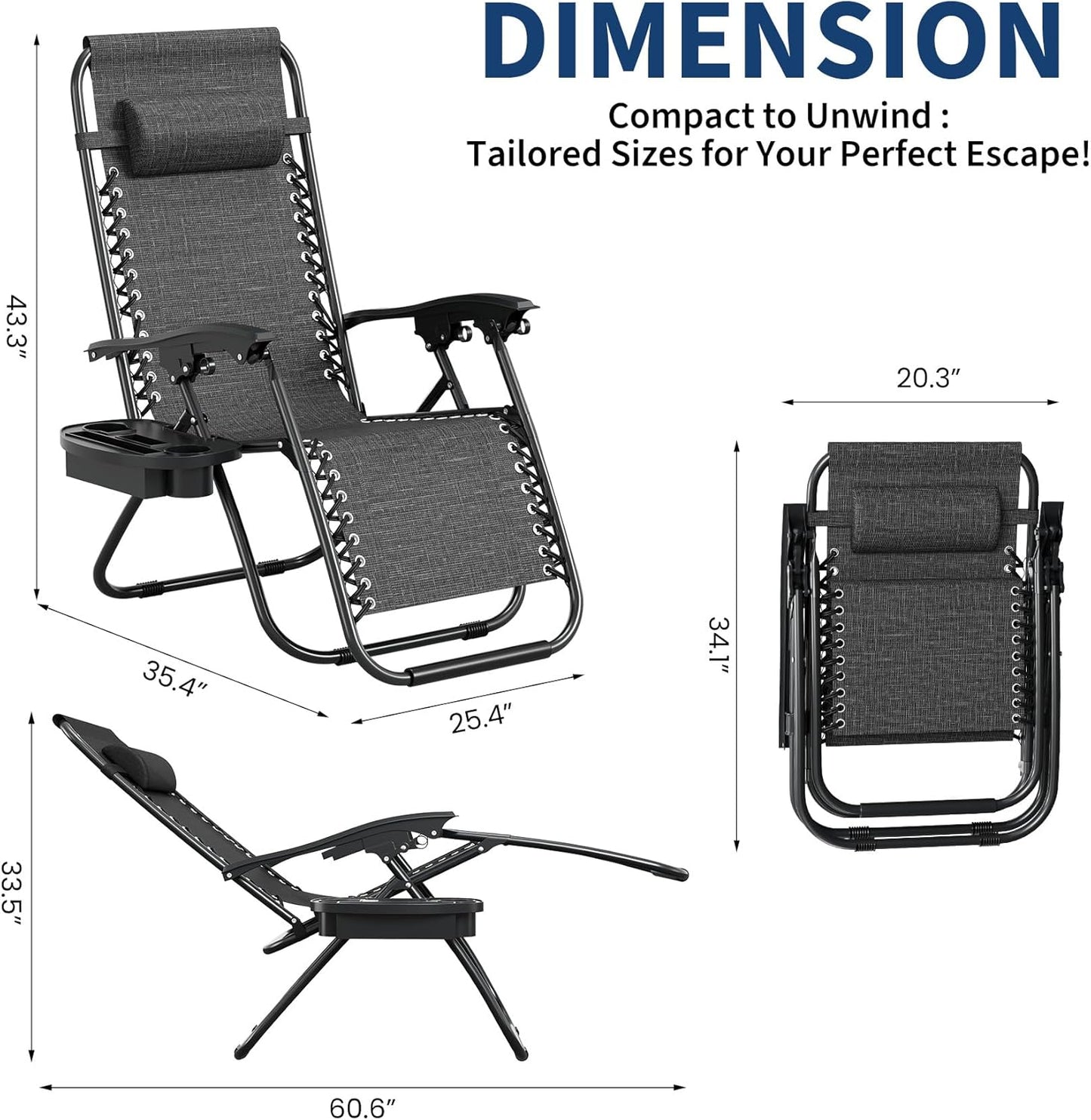 Garvee Adjustable Zero Gravity Lounge Chair Set of 2, Pillow & Cup Holder Tray