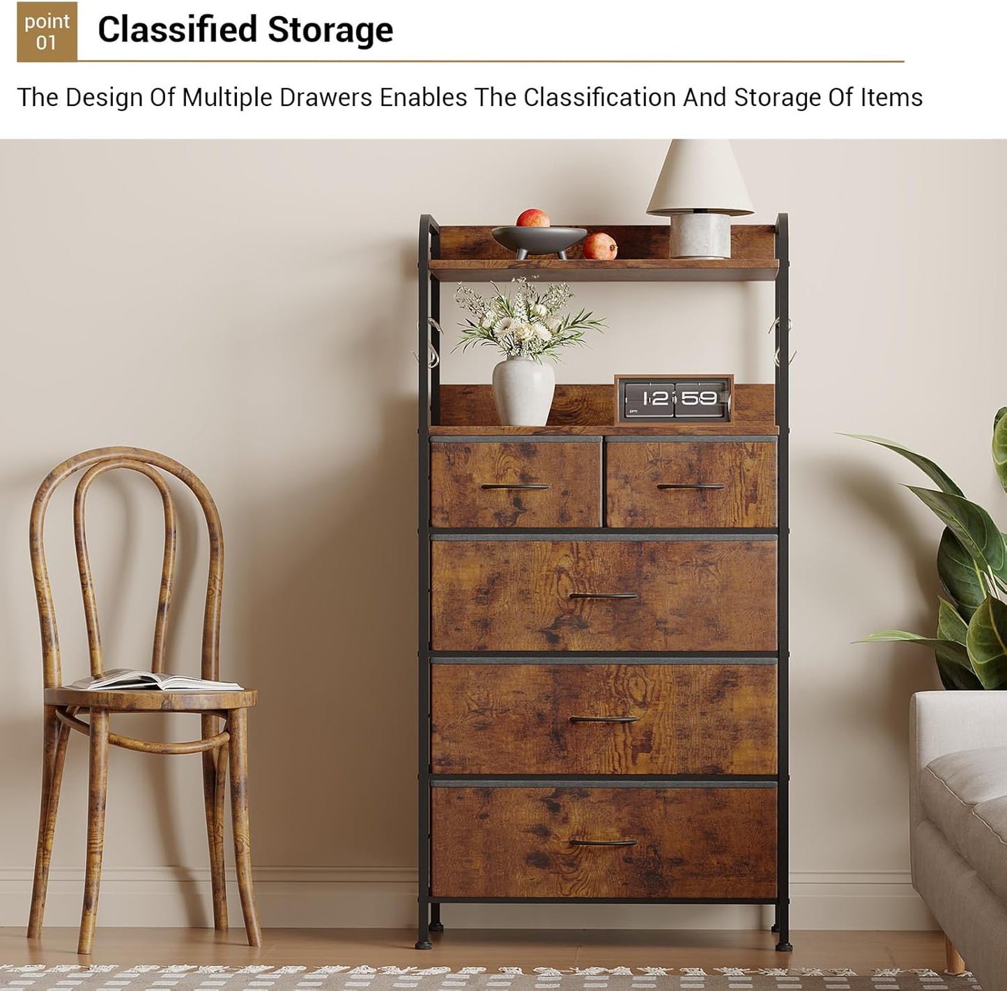 Garvee 5 Drawer Dresser for Bedroom, Wood Top, with Storage Organizer Fabric Bins