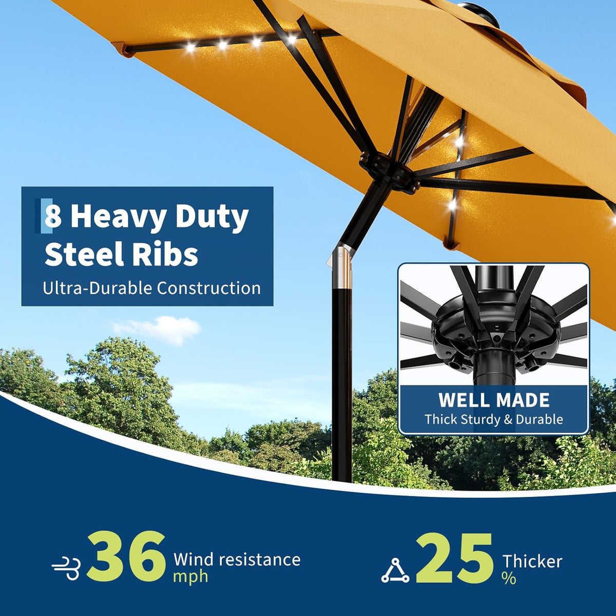 Riedhoff 9 feet Patio Umbrella with 32 LED Solar Lights, 8 Ribs, Tilt Crank