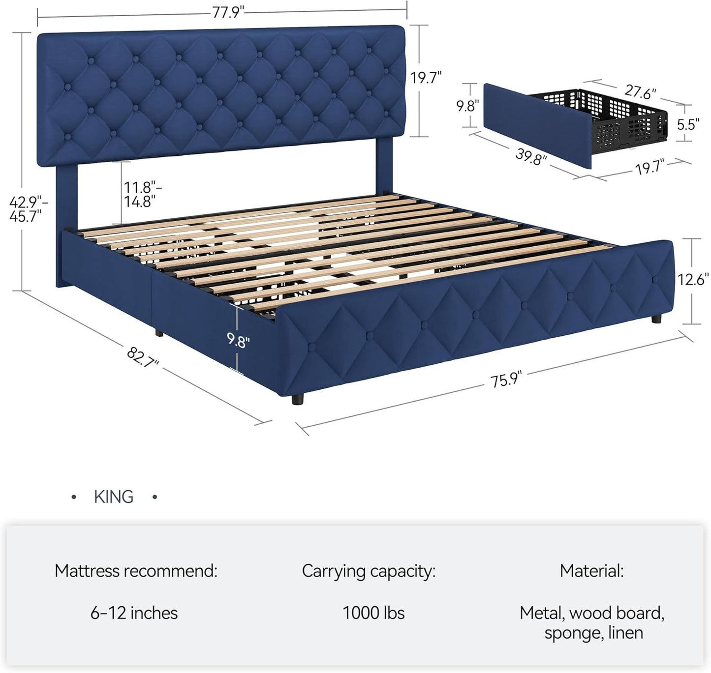 GARVEE Bed Frame with 4 Storage Drawers & Adjustable Headboard