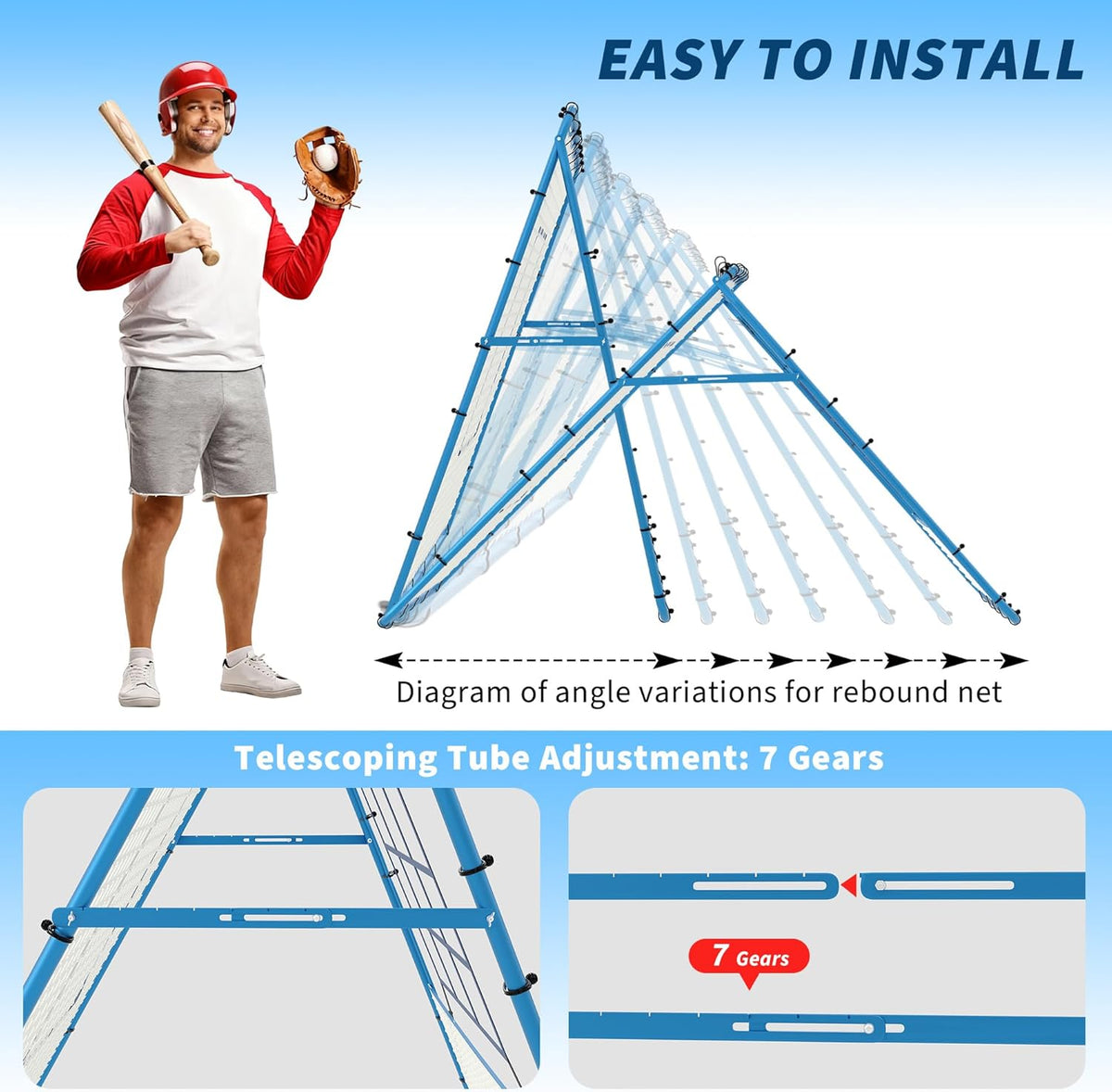 Riedhoff Baseball Pitching Rebounder Net, 5 x 4 ft, 9 Hole Batting Target, Adjustable Angle, Blue
