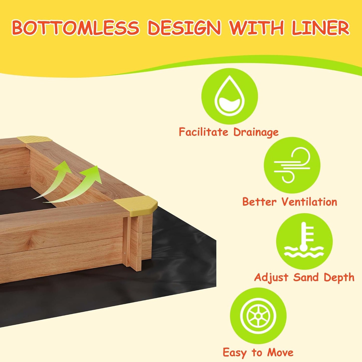 Garvee Kids Wooden Sandbox With 2 Plastic Boxes, Adjustable Canopy, Bottom Liner, 39.3 x 26.7"