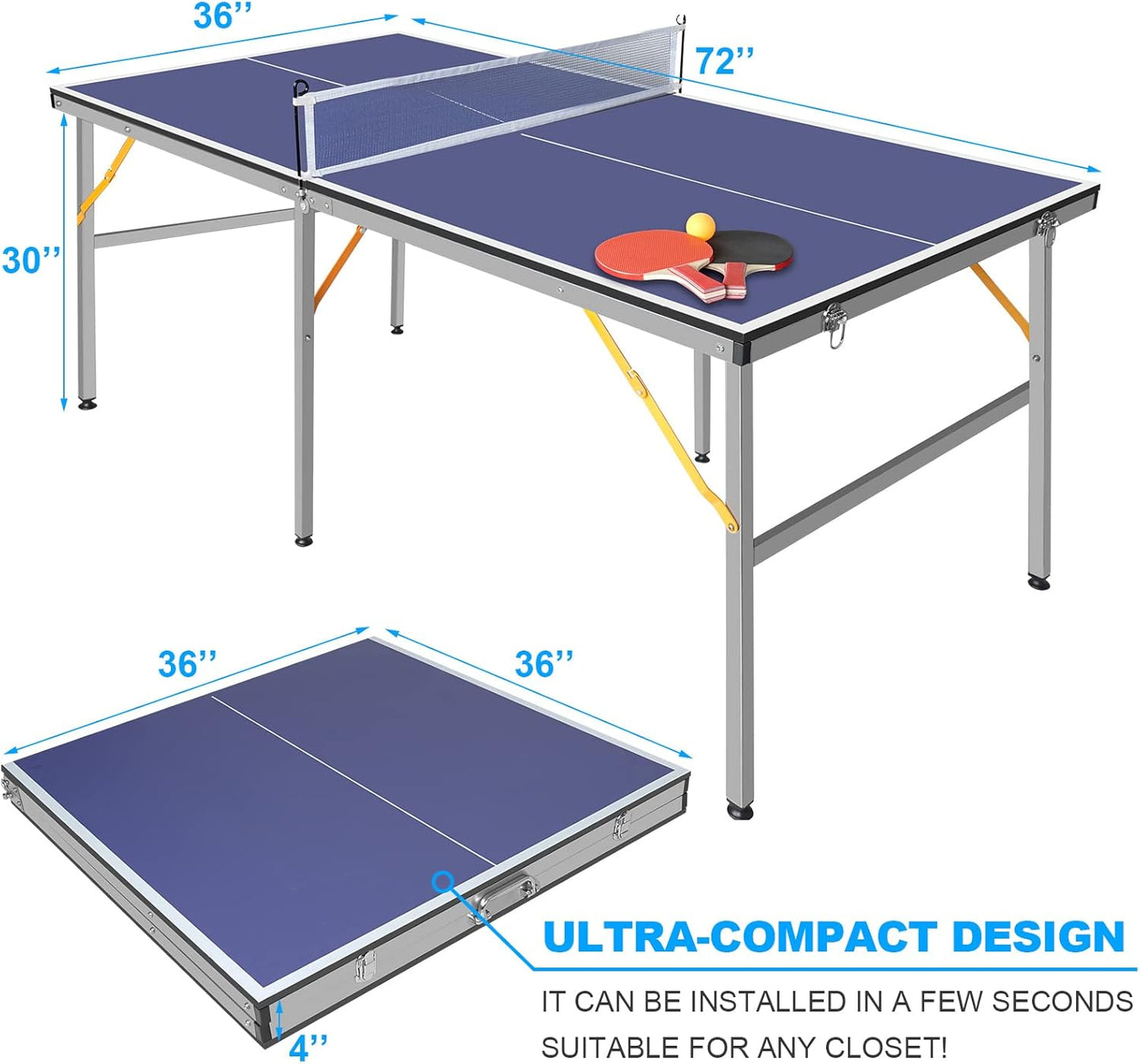Riedhoff Portable Table Tennis Table, Ultra-Compact Design with Net, 2 Paddles & 3 Balls