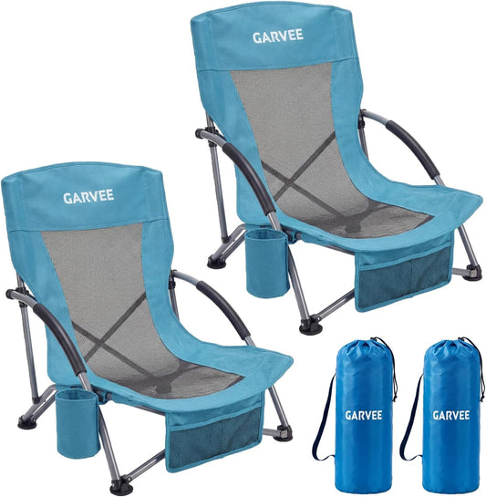 Garvee Low Back Folding Beach Chair, 24.8 x 22.9 x 26.4", Blue