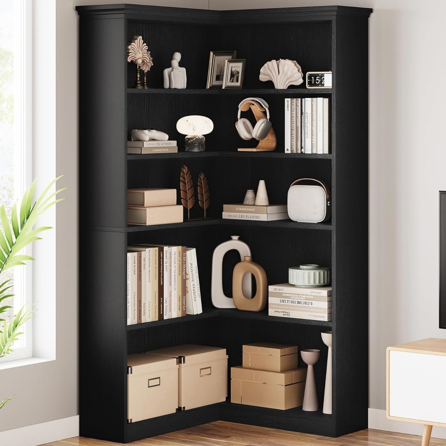 Garvee Large 5-Tier L-Shaped Corner Bookshelf, 35.5 x 35.5 x 72.8"