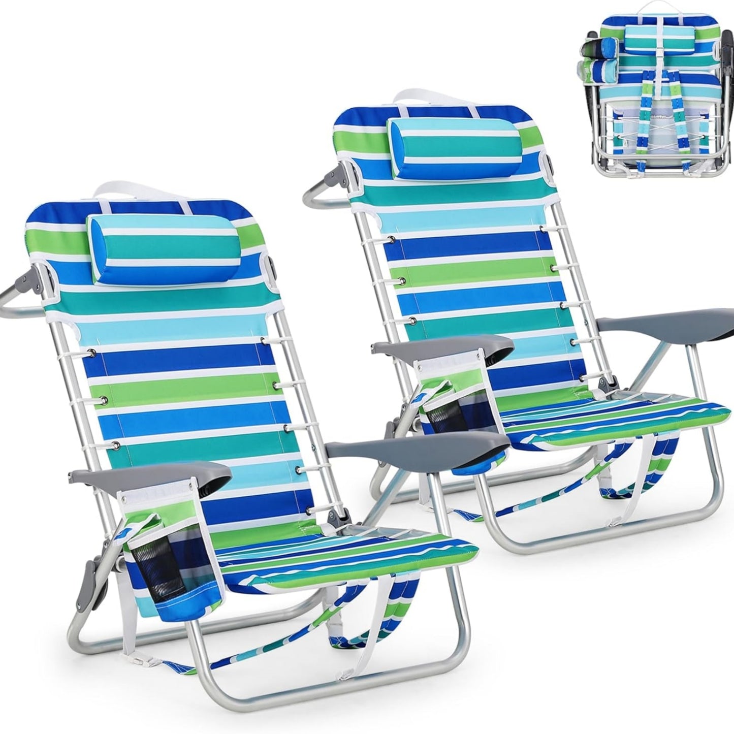 GARVEE Backpack Beach Chair, Cup Holders & Headrest, Set of 2, 24.4 x 25.2 x 29.92",Ocean Striped
