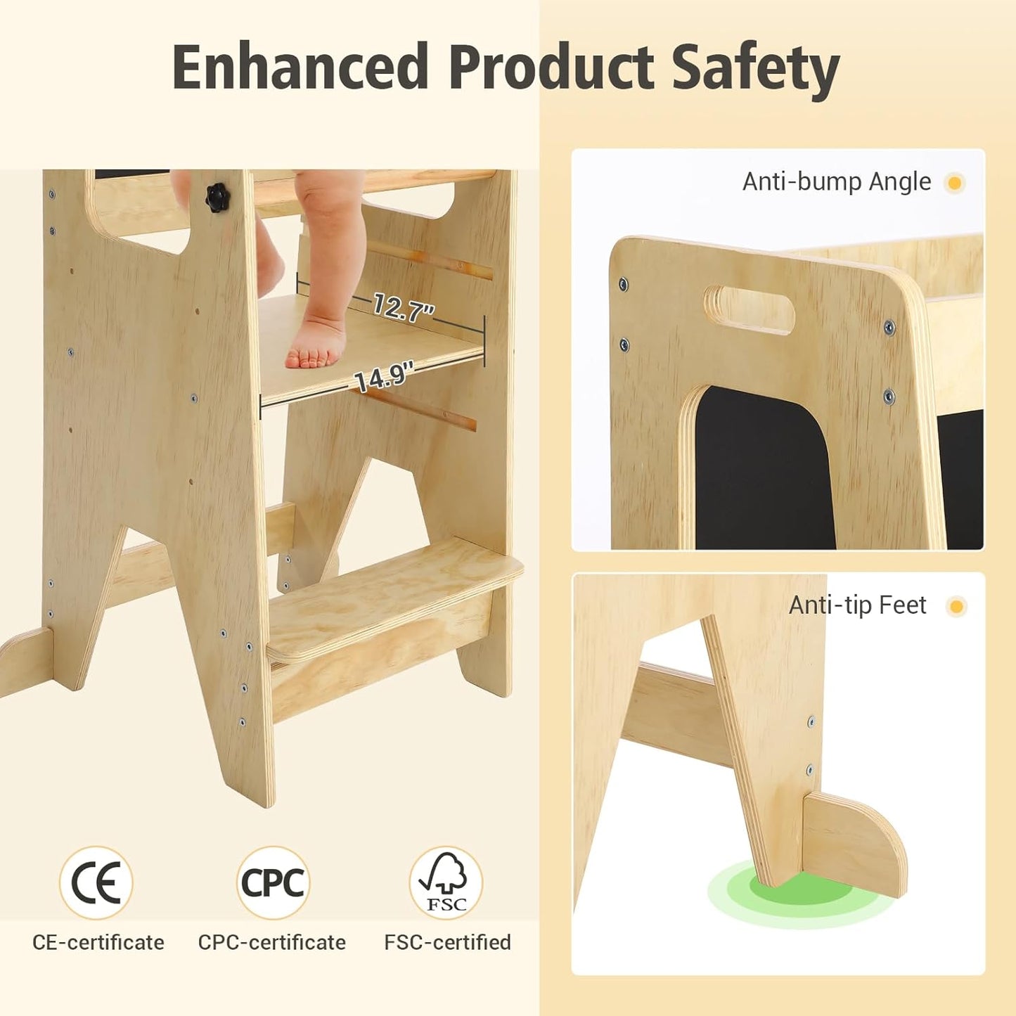 Garvee Kids Kitchen Step Stool, 17.32 x 16.54 x 35.43", 3 Height Adjustable with Safety Guardrail, Oak