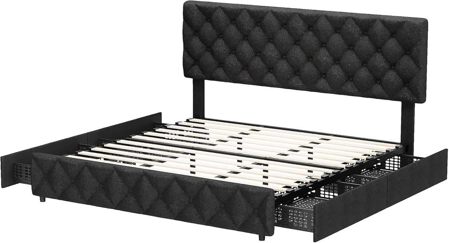GARVEE Bed Frame with 4 Storage Drawers & Adjustable Headboard