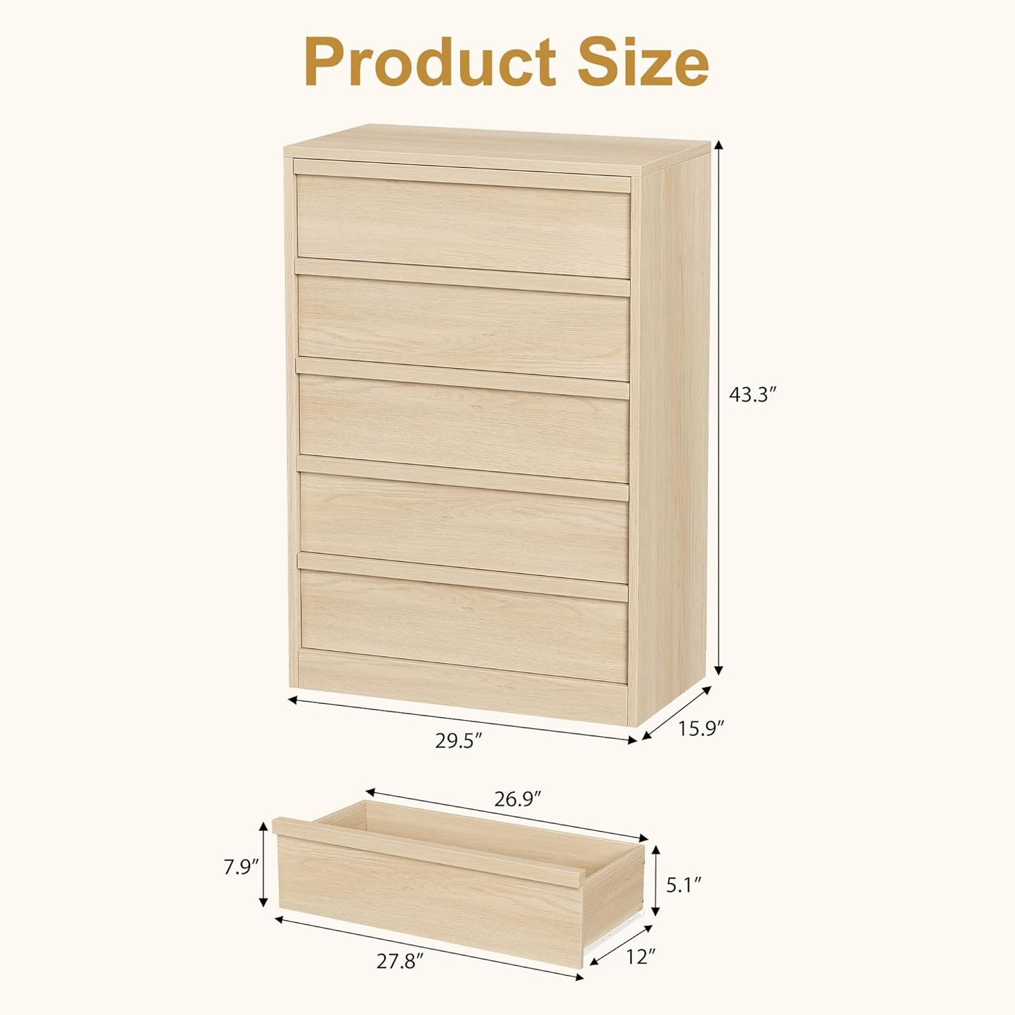 Garvee Vertical Chest of Drawers with 5 Drawers, 29.5 x 15.9 x 43.3"
