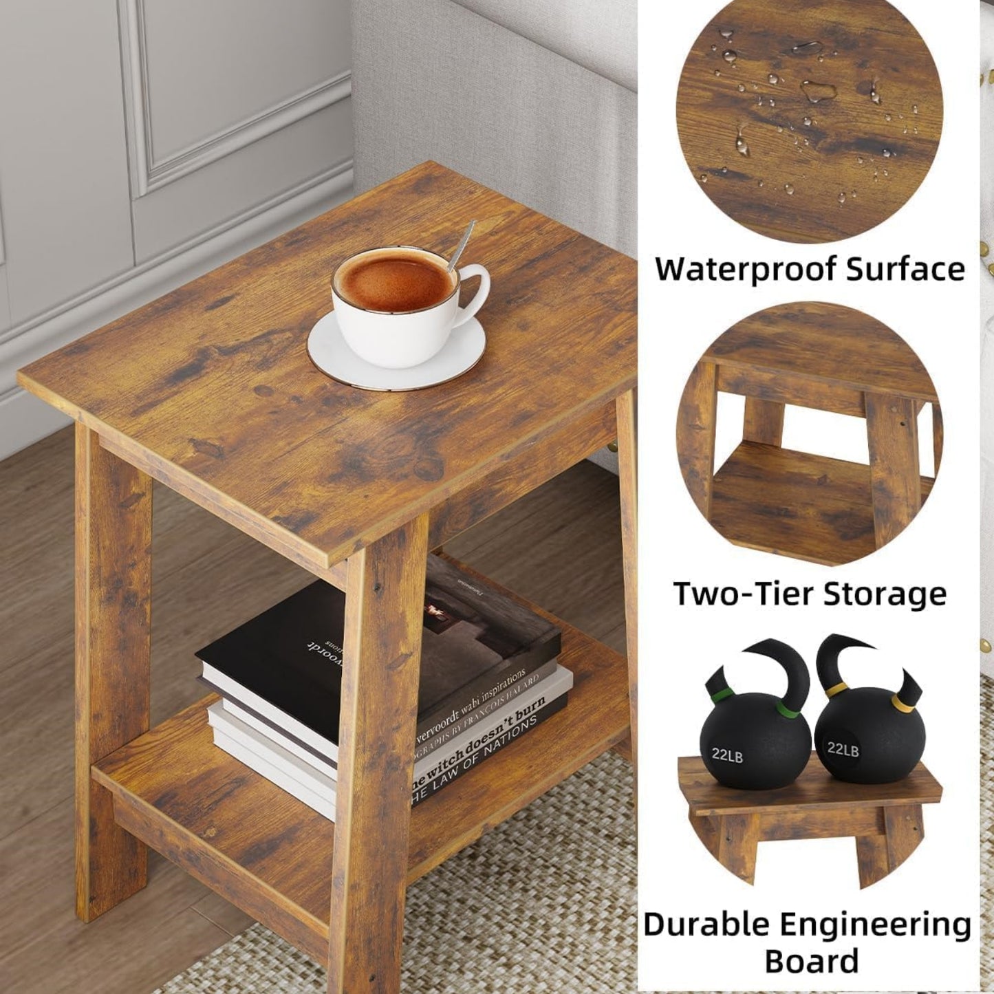Garvee Farmhouse 2 Tiers End Table, with Storage Shelves