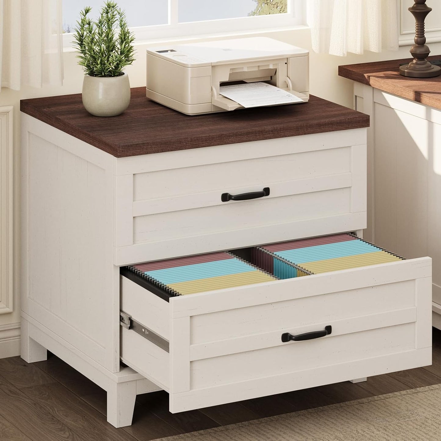 Garvee Lateral File Cabinet, 2 Drawers, Deepened Tabletop, 31.5 x 21.26 x 30", Brown & White