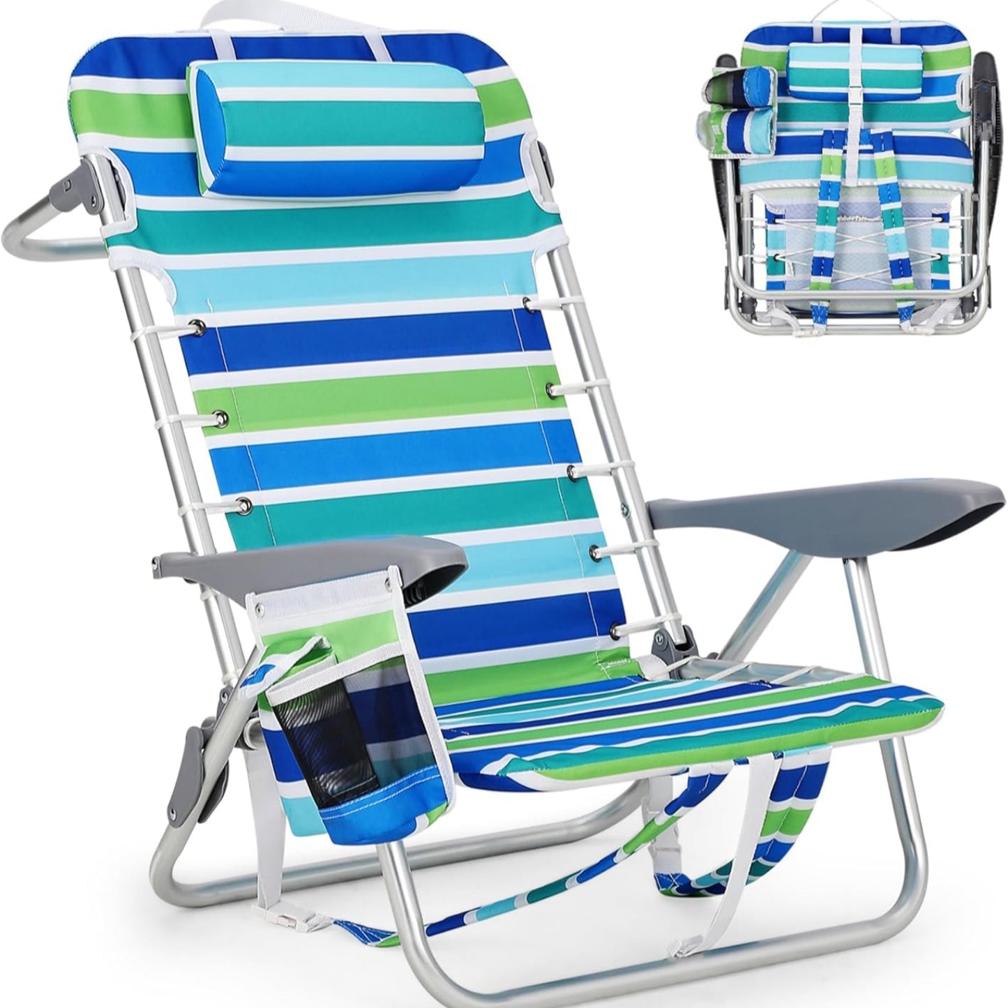 Riedhoff Portable Beach Chair with Adjustable Backrest and Cup Holders, Ocean Striped