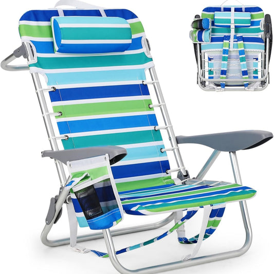 Riedhoff Portable Beach Chair with Adjustable Backrest and Cup Holders, Ocean Striped