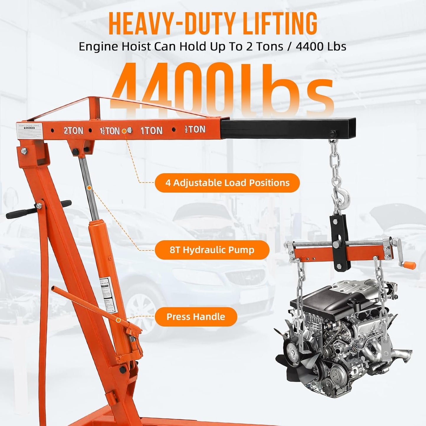 Garvee Steel Folding Hydraulic Engine Hoist, Heavy Duty with Lever, 2 Ton Max, 6 Wheels