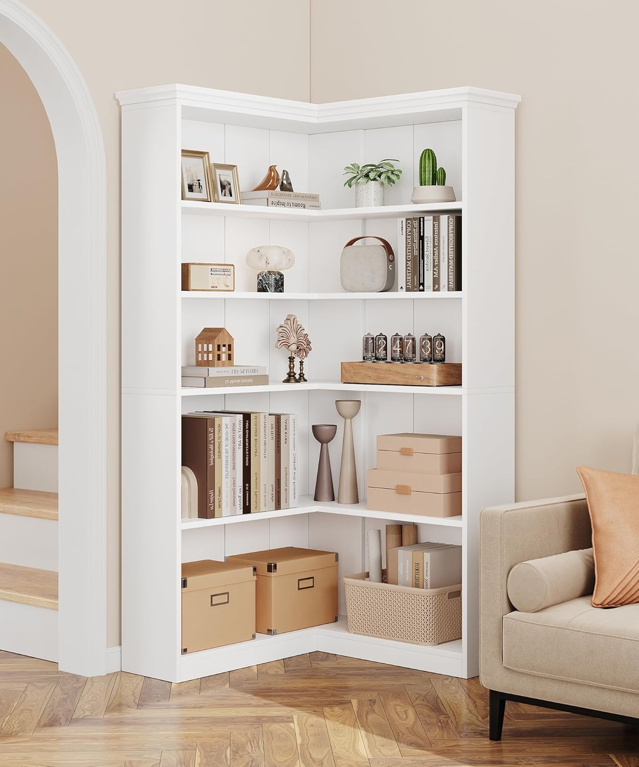 Garvee Large 5-Tier L-Shaped Corner Bookshelf, 35.5 x 35.5 x 72.8"