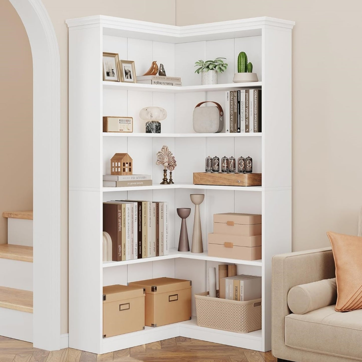 Garvee Large 5-Tier L-Shaped Corner Bookshelf, 35.5 x 35.5 x 72.8"
