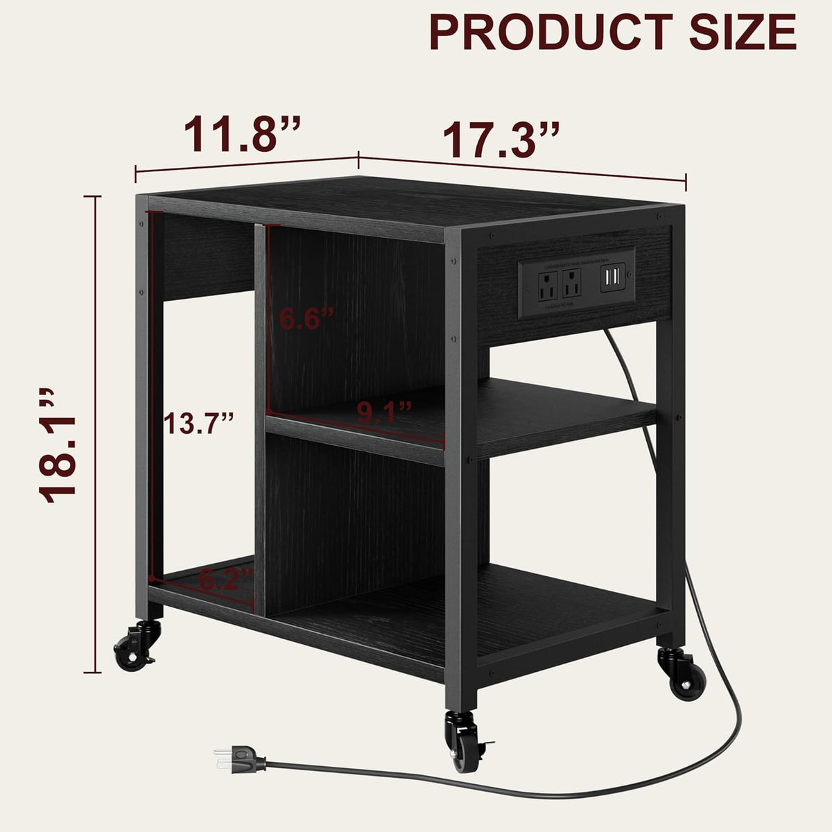 Garvee Rolling Printer Table, 3 Tiers, 17.3 x 11.8 x 18.1", with Lockable Wheels & Power Outlets