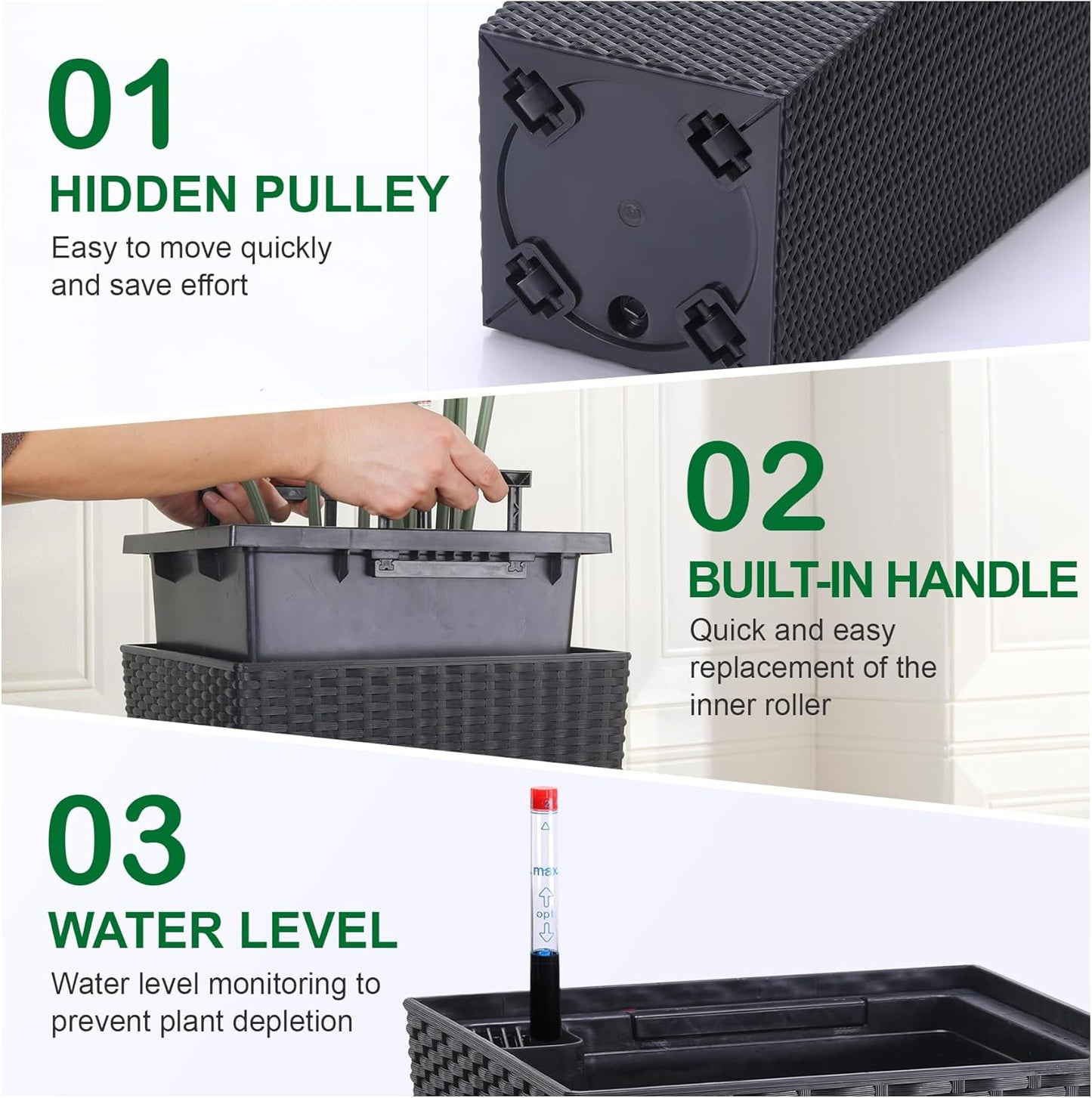 Garvee 22.5" Tall Planter Pots Set of 2, Rattan style, 2 Trays, Water Level Monitor, Wheels, Black
