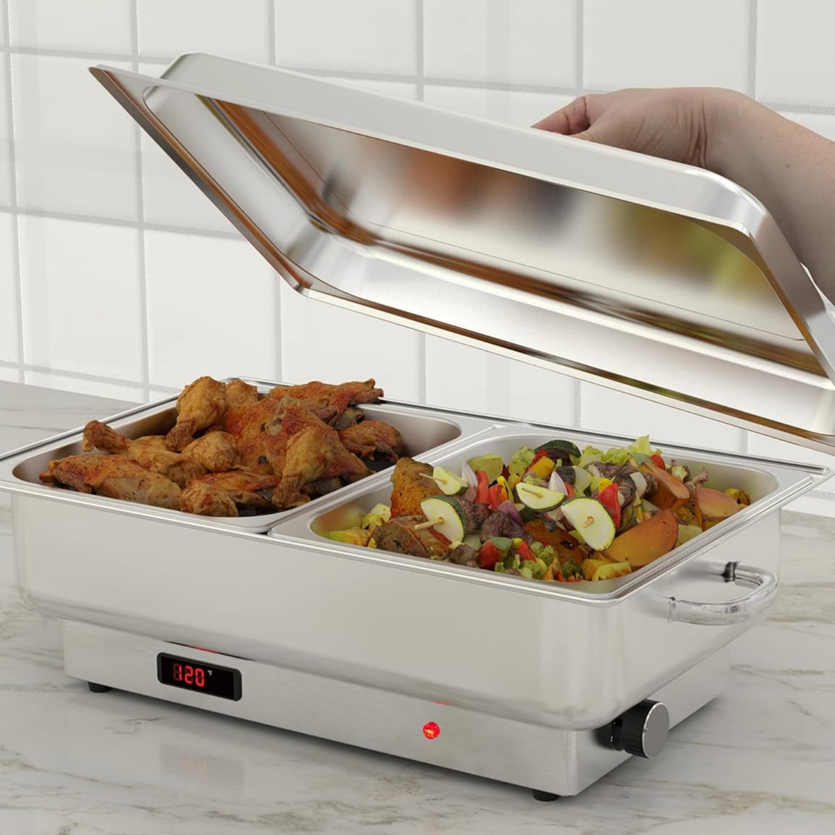 Riedhoff 9 qt Stainless Steel Electric Chafing Dish, with 2 Half-Size Pans and Lid, Silver