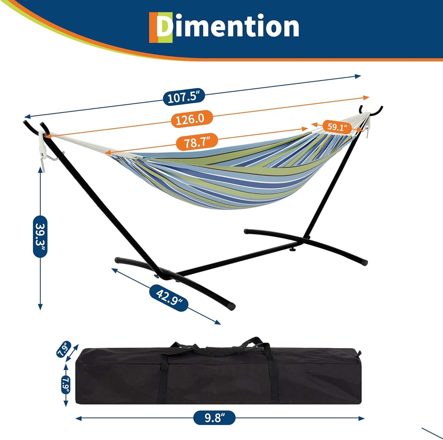 Riedhoff Double Hammock 107.5 x 42.9 x 39.3", for 2-Persons, with Steel Stand