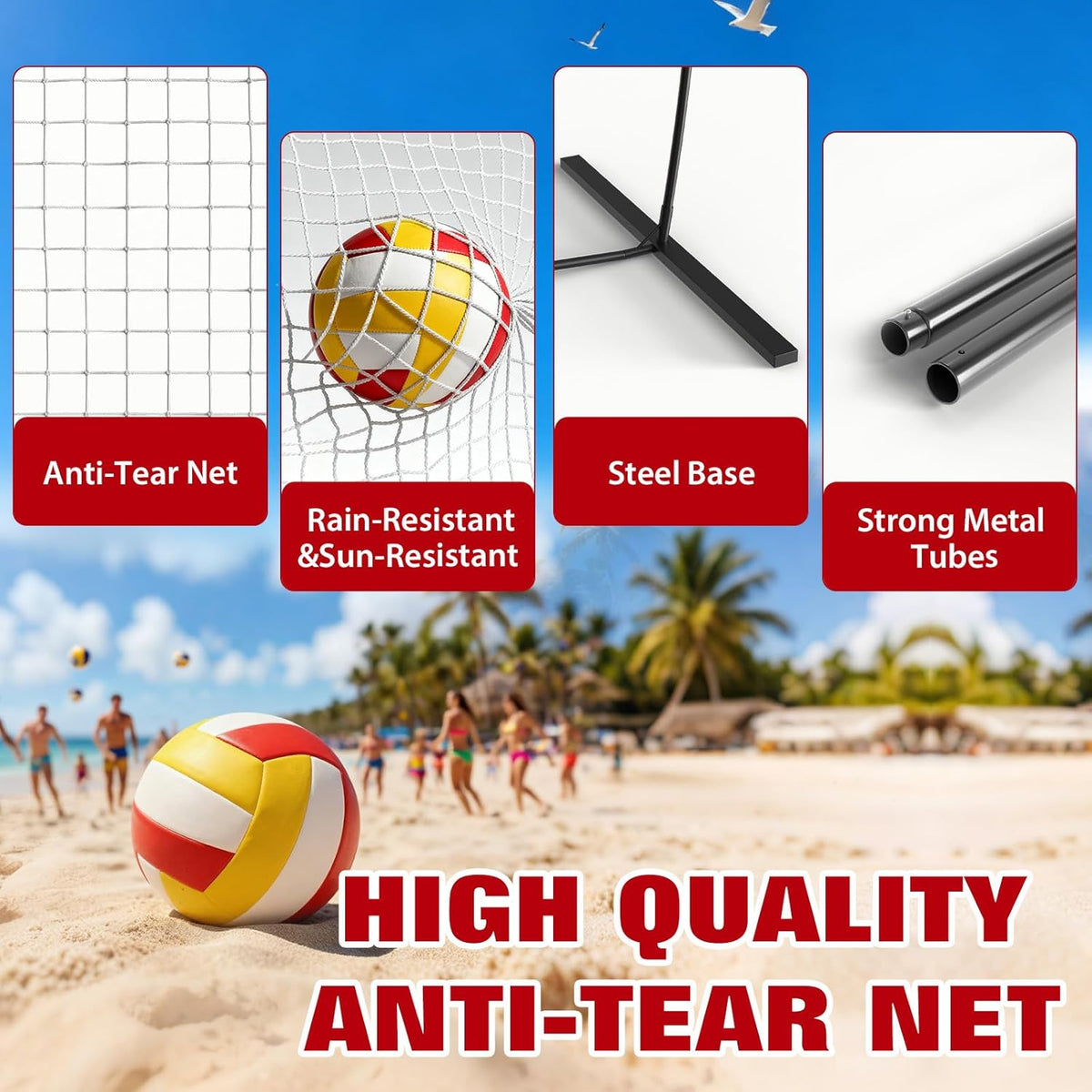Riedhoff 12 ft Portable Volleyball Net with Stand, Height Adjustable, with Carry Bag, Red & Black