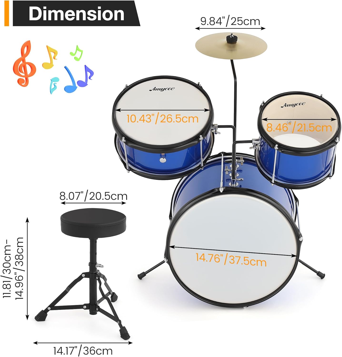 Garvee 3 Piece Beginner Drum Set for Kids Juniors, with Drum Sticks & Drum Throne Seat