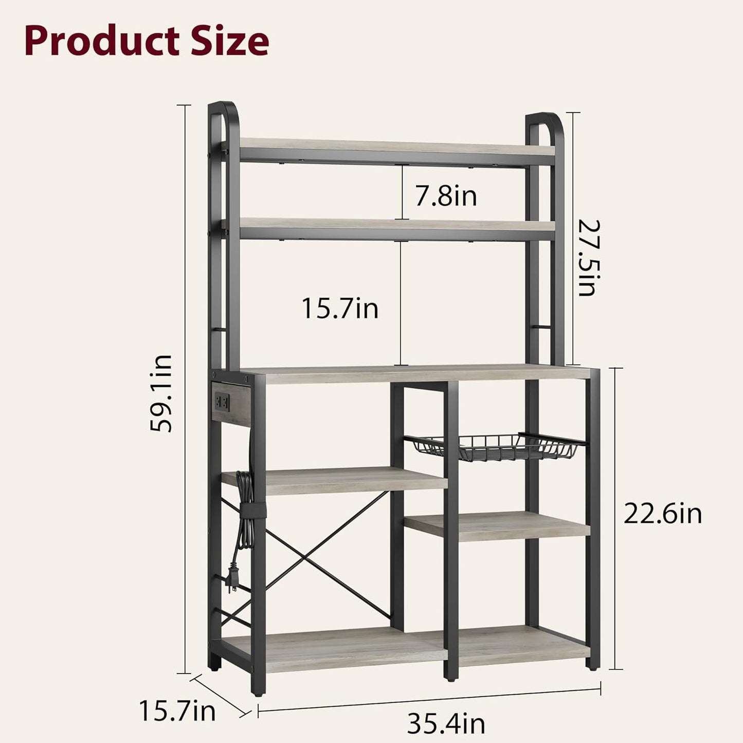 Garvee Kitchen Baker Rack with 2 Power Outlets, 6 Tier Storage Shelf, 35.4 x 15.7 x 59.1"