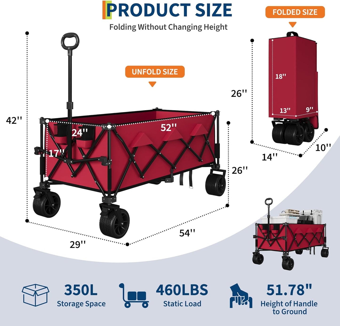 Garvee Extra Long Collapsible Wagons Carts, 54 x 29 x 42", All Terrain Wheels, Cup Holders