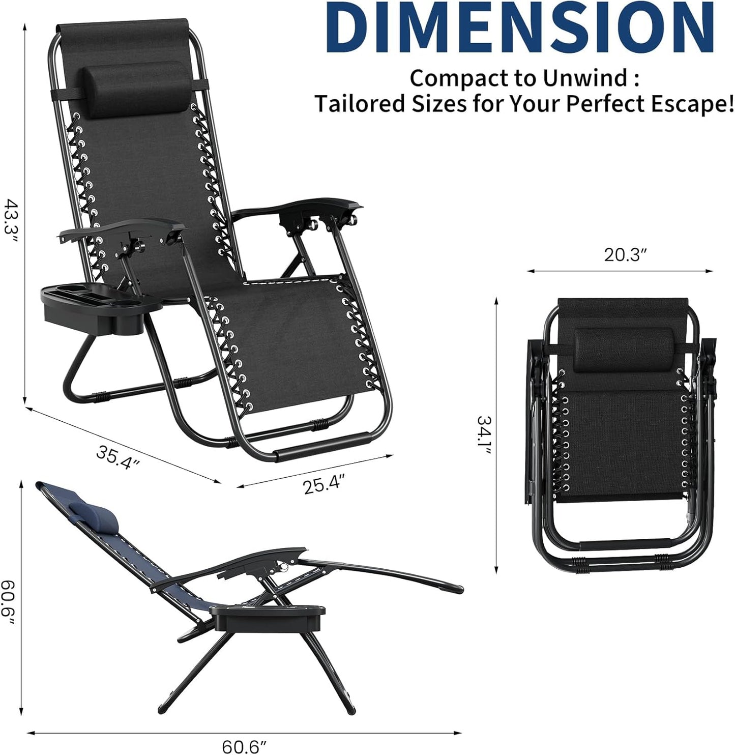 Garvee Adjustable Zero Gravity Lounge Chair Set of 2, Pillow & Cup Holder Tray