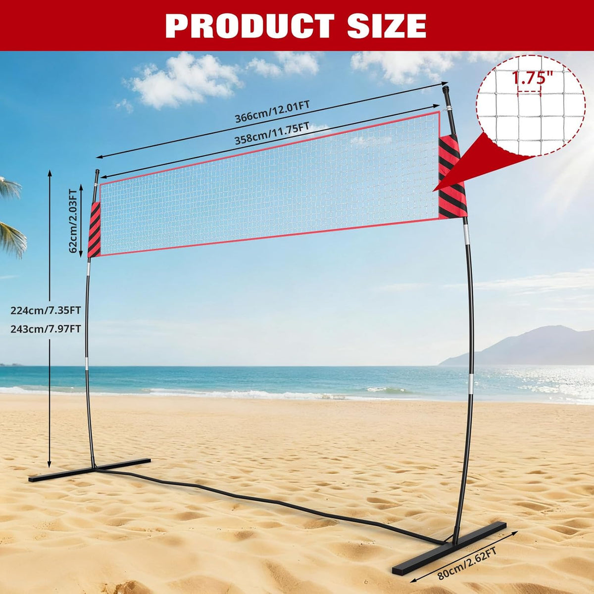 Riedhoff 12 ft Portable Volleyball Net with Stand, Height Adjustable, with Carry Bag, Red & Black