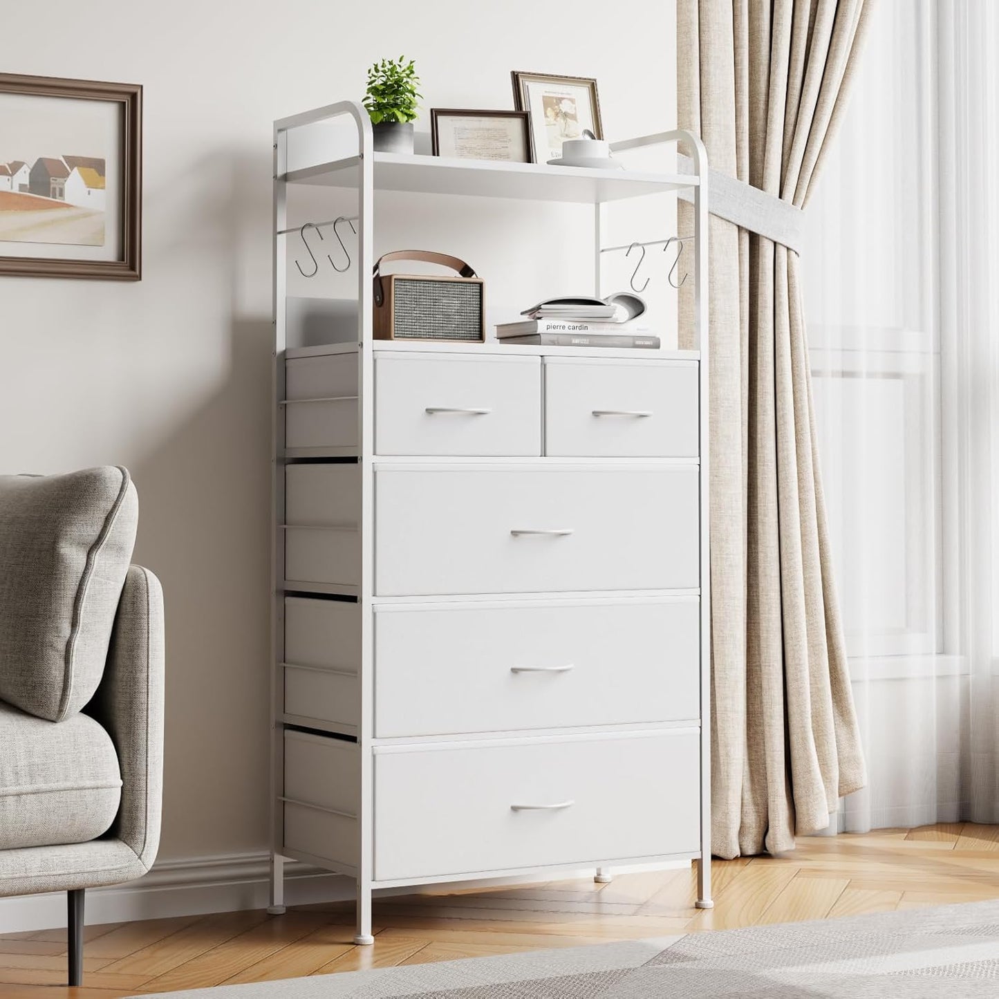 Garvee 5 Drawer Dresser for Bedroom, Wood Top, with Storage Organizer Fabric Bins