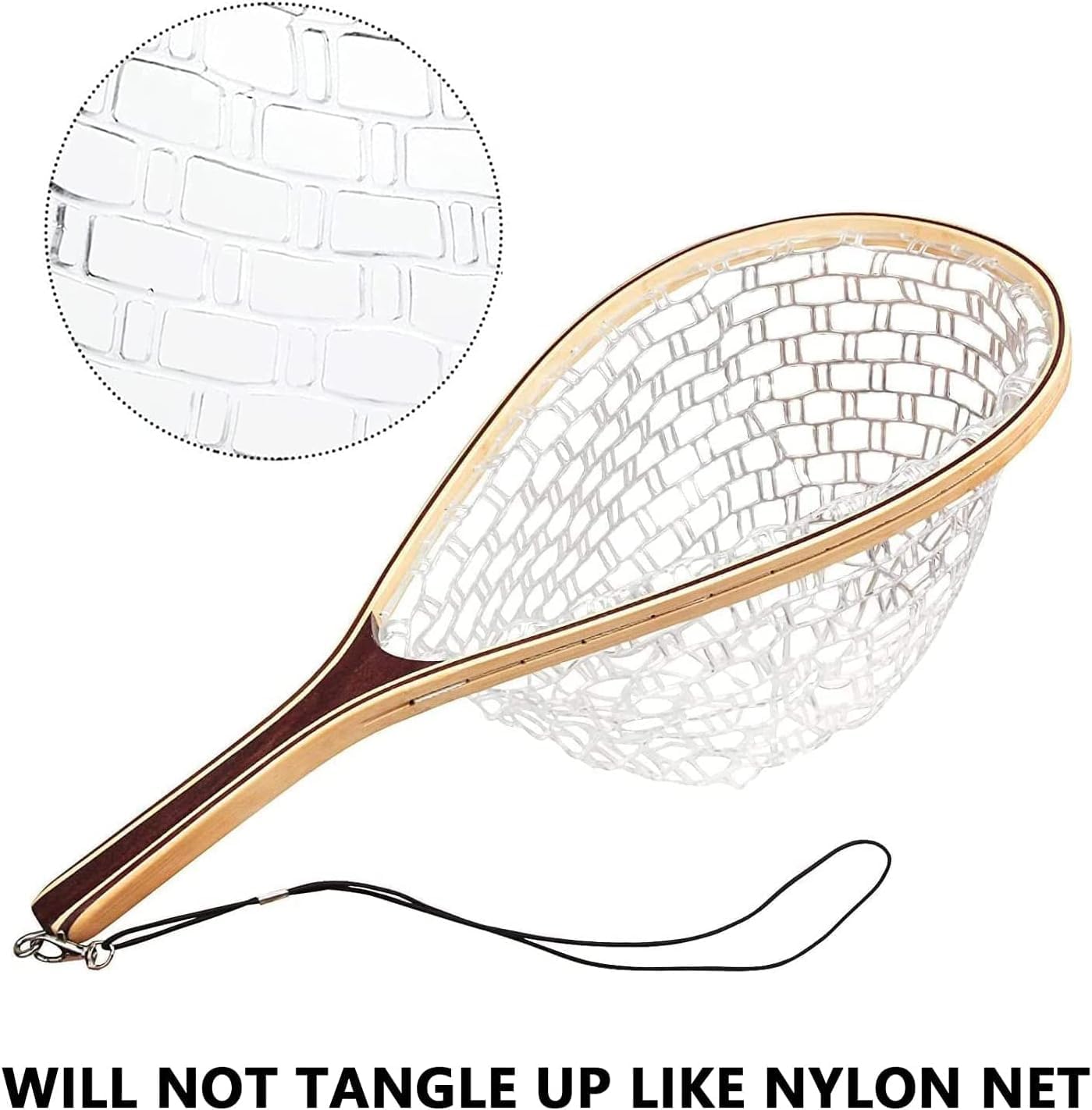 Riedhoff Wooden Handle Fly Fishing Net, with Durable Clear Rubber Net, 24" x 11" x 10"