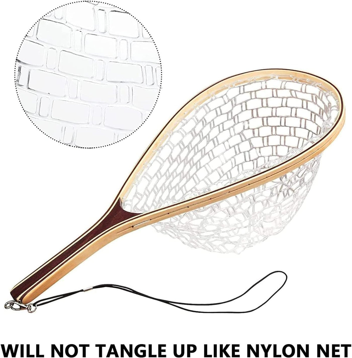Riedhoff Wooden Handle Fly Fishing Net, with Durable Clear Rubber Net, 24" x 11" x 10"