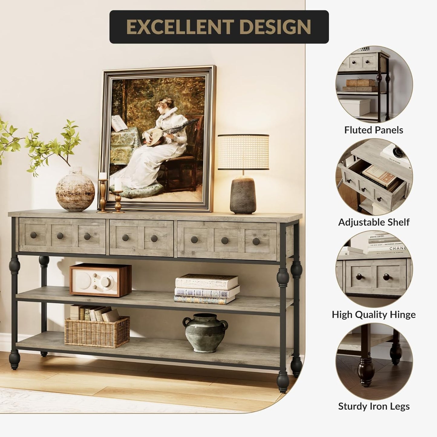 Garvee Console Sofa Table with 3 Drawers, 3-Tier Storage Shelves, 52.56 x 11.81 x 28.54", Gray