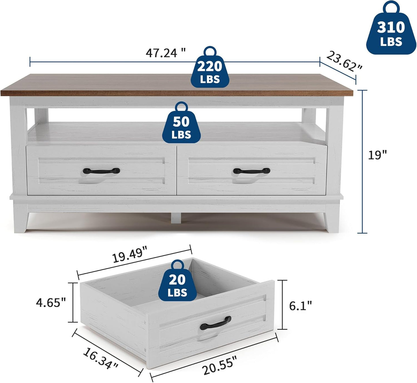 Garvee Farmhouse Coffee Table with 2 Drawers, 47.24 x 23.62 x 19", Open Shelf