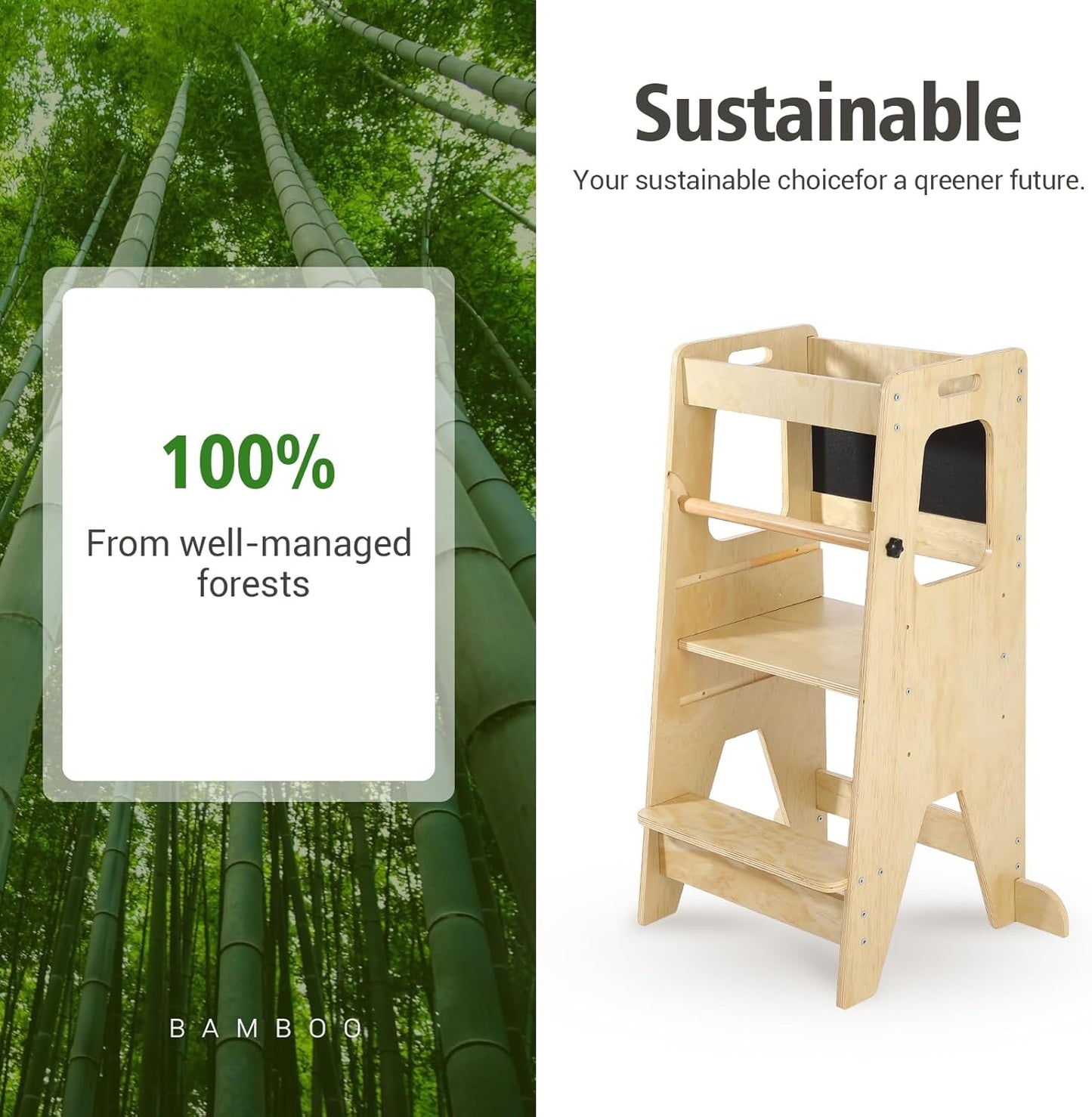 Garvee Kids Kitchen Step Stool, 17.32 x 16.54 x 35.43", 3 Height Adjustable with Safety Guardrail, Oak