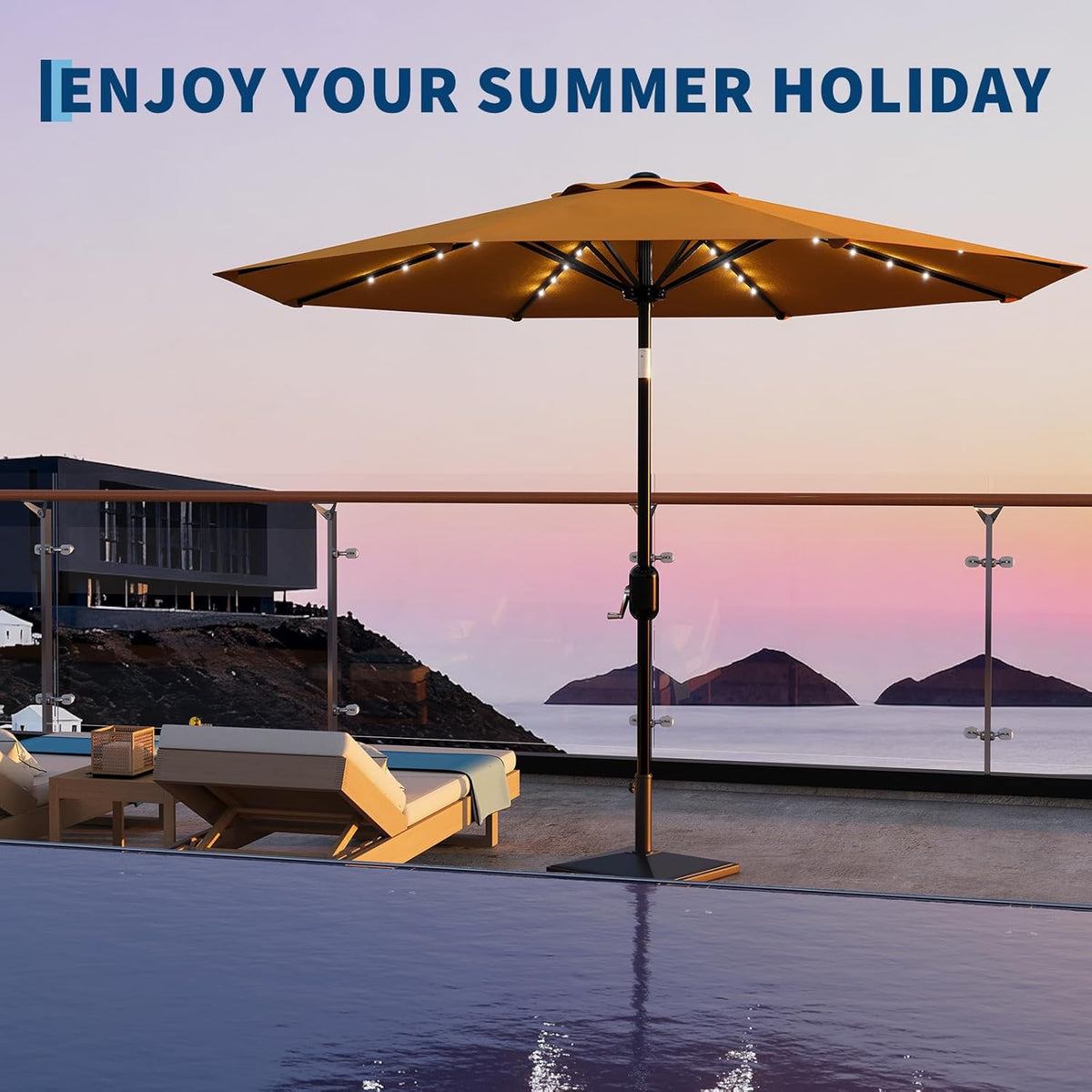 Riedhoff 9 feet Patio Umbrella with 32 LED Solar Lights, 8 Ribs, Tilt Crank