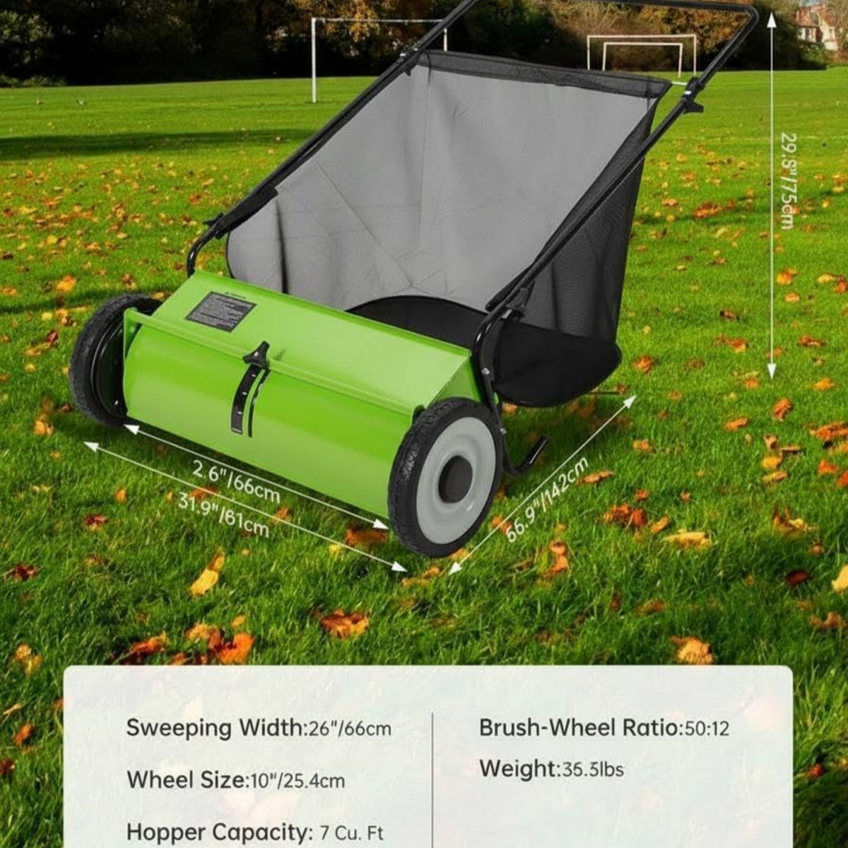 Riedhoff 26" Push Lawn Sweeper,4 Spinning Brushes, 7 Cu. Ft Capacity Collection Bag, Adjustable Height