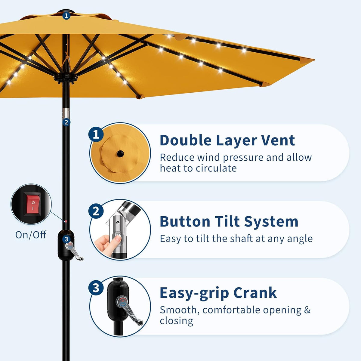 Riedhoff 9 feet Patio Umbrella with 32 LED Solar Lights, 8 Ribs, Tilt Crank