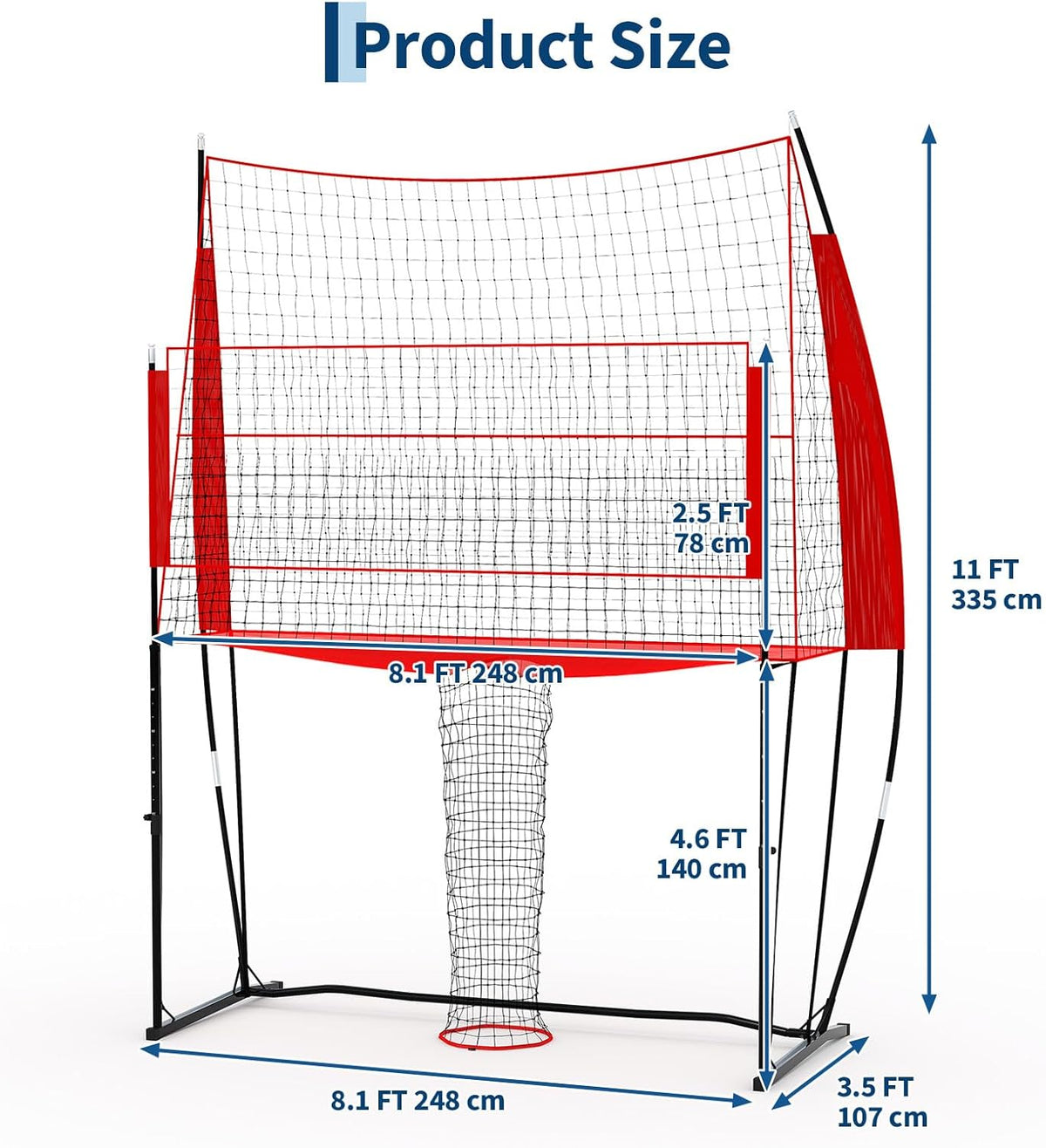 Riedhoff Volleyball Training Net System, Height Adjustable, 8.1 x 11 ft, with Carry Bag, Red