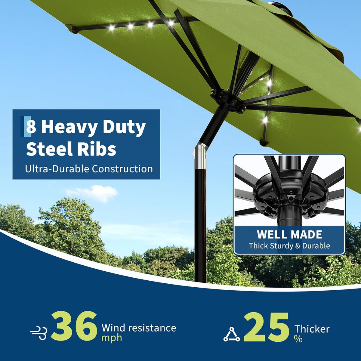Riedhoff 9 feet Patio Umbrella with 32 LED Solar Lights, 8 Ribs, Tilt Crank