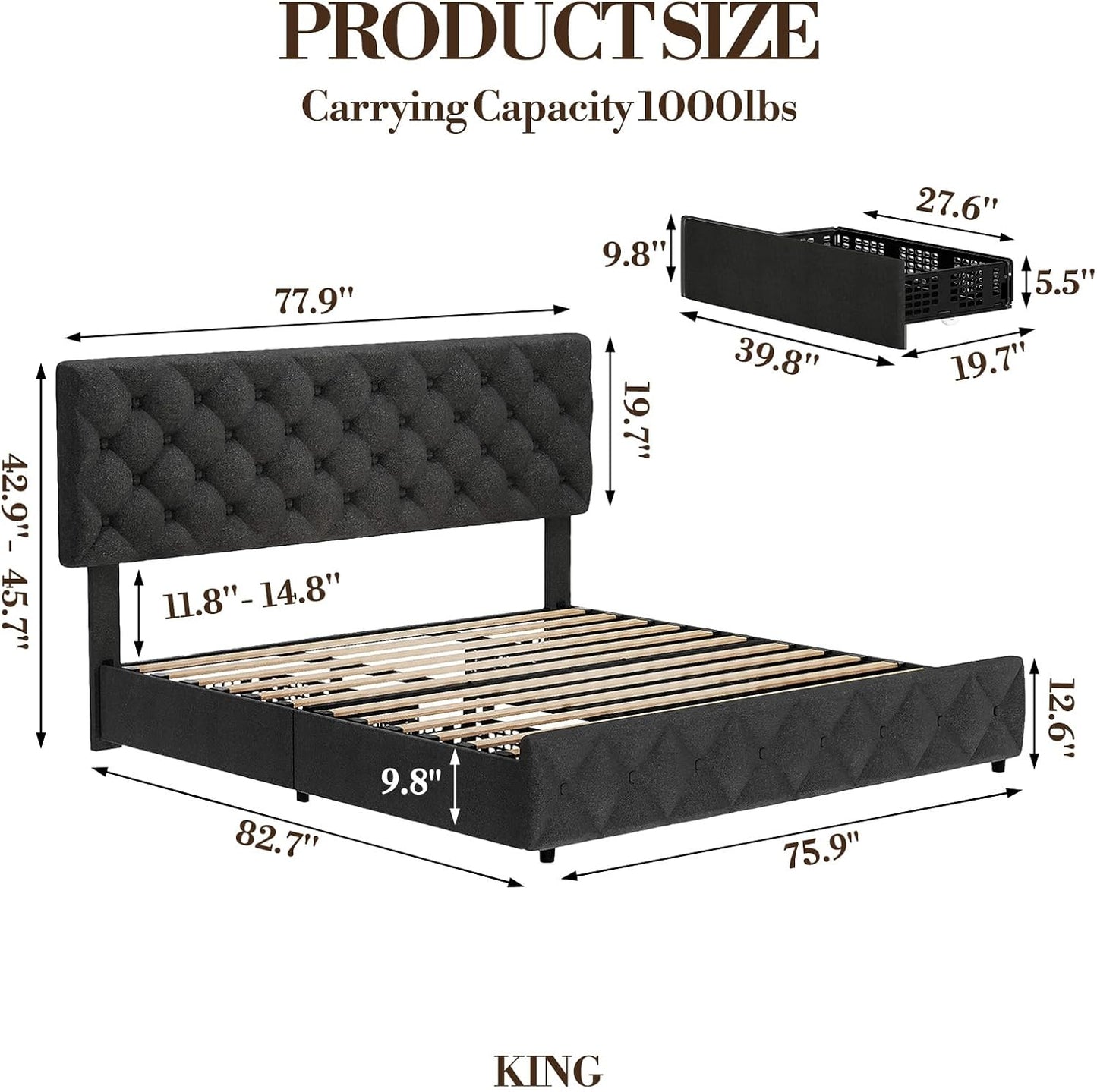 GARVEE Bed Frame with 4 Storage Drawers & Adjustable Headboard