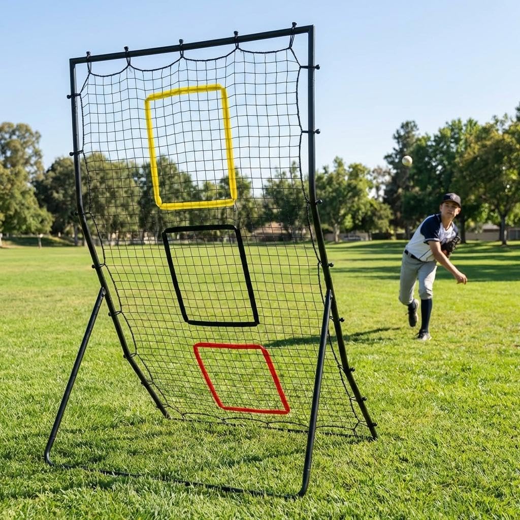 Riedhoff Pitch Back Net 6 x 4 ft, Pitching & Fielding Rebounder for Baseball & Softball, 3 Target Zones, Black