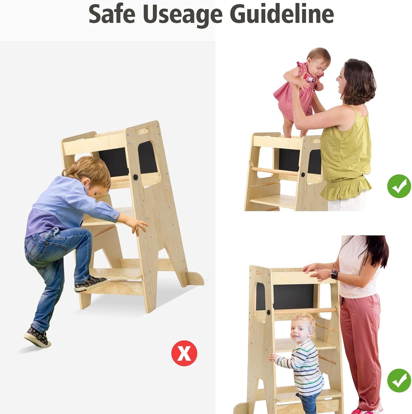 Garvee Kids Kitchen Step Stool, 17.32 x 16.54 x 35.43", 3 Height Adjustable with Safety Guardrail, Oak