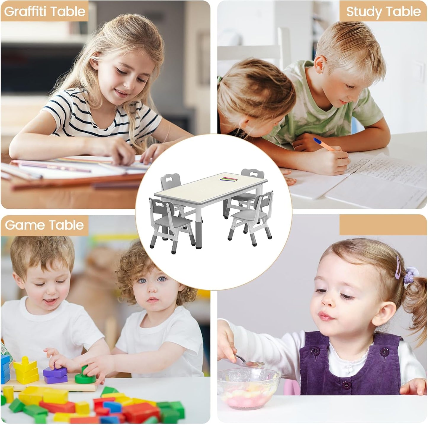 Garvee Kids Rectangular Activity Table and Chair Set 5-Piece, Adjustable Height , Gray